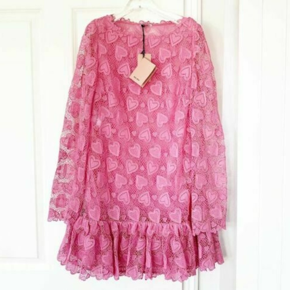 $3500 MIU MIU PINK HEART LACE MINI DRESS NWT